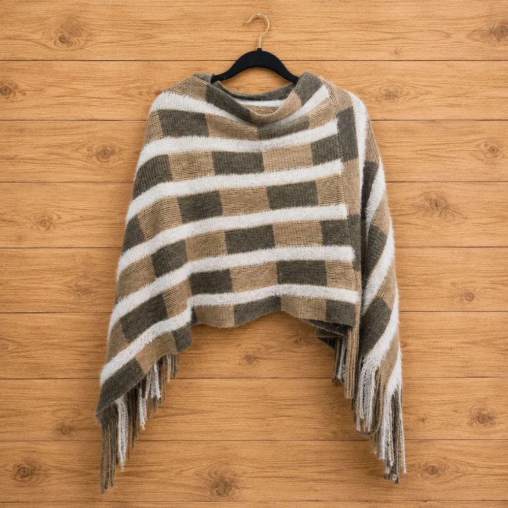 Geometric Earth Tone Fringe Poncho Shawl Boho Cozy Wrap Cape Downtown